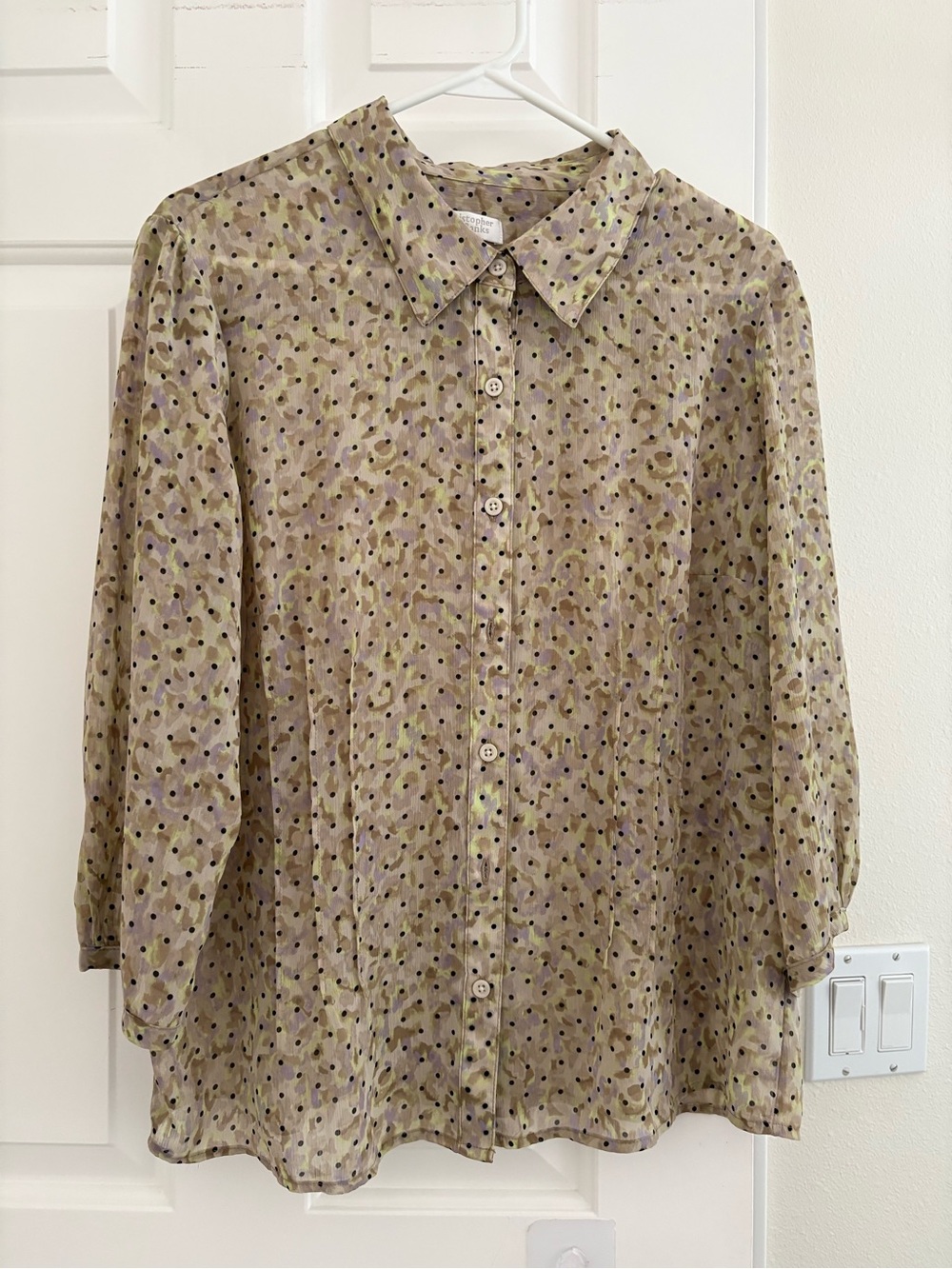 Christopher & Banks Olive Button-Front Polka Dot Blouse